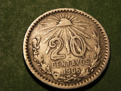 1906 Mexico 20 Centavos Coin, .800 Silver, Radiant liberty cap, Coat of Armsb143 - Image 1 of 2