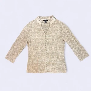 Vintage Cream Color All Lace Button Front Satin Collar Top Size Medium - Picture 1 of 8