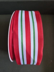 3 Stripe Ribbon, Christmas, White/Red/Emerald Green Polyester 2.5x 80ft - Picture 1 of 3