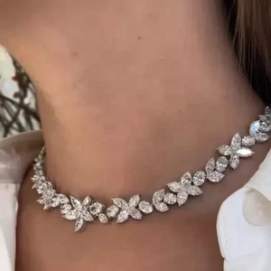 39 kt Marquise & Oval kreiertes Diamant Collier 14 K Weißgold vergoldet Silber - Bild 1 von 8