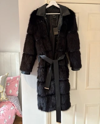 River Island Faux Fur & Leather Black Long Belted Coat Size Large Vintage Style - image 1 of 4