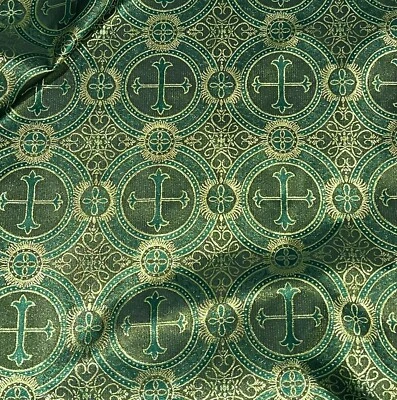 Green  Gold Metallic Church Cross Brocade Fabric 60” Width Sold By The Yard - Image 1 of 2