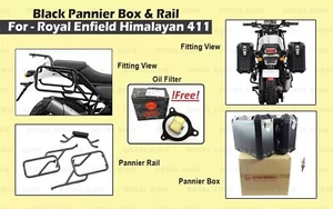 Royal Enfield "Aluminum Black Panniers Box & Rail with Oil Filter" Himalayan - Picture 1 of 11