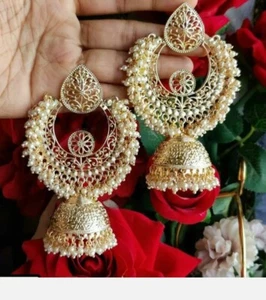 Bollywood Style Pearl Gold Plated Indian Jhumka Chandwali Earrings Jewelry Sets - Picture 1 of 2
