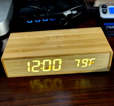 NVIDIA Bamboo Digital Desk Clock LED Display Time, Temp, Alarm, Charging Port - Image 1 of 4