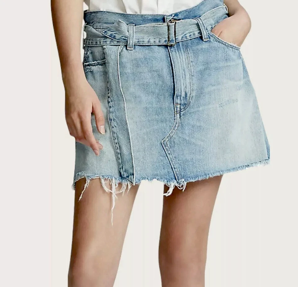 NUEVO CON ETIQUETAS Polo Ralph Lauren Mujer Cinturón Denim Jean Falda Envejecida Mini Azul Talla 28 Foto 1 de 4