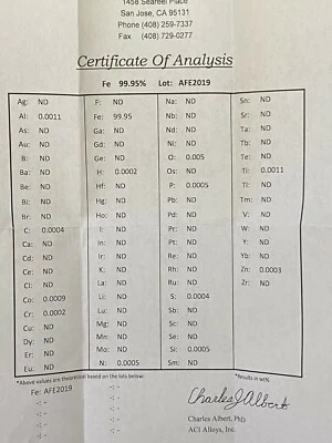 Iron SEM Sputter target: Fe 99.95% pure, 63mm diameter x 0.5mm thick - Image 1 of 2