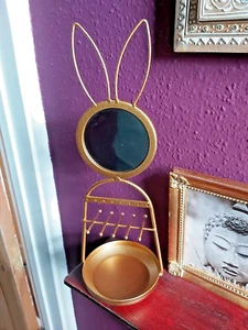 RABBIT DESIGN METAL JEWELLERY RACK/ORGANISER WITH MIRROR - GOLD - Picture 1 of 6