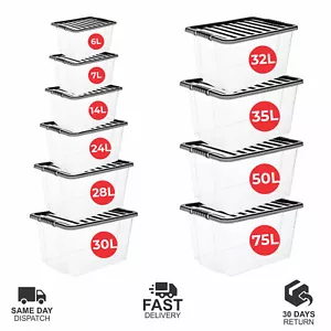 Plastic Storage Boxes with Black Lids Durable Stackable Home Office Clear Box UK - Picture 1 of 14