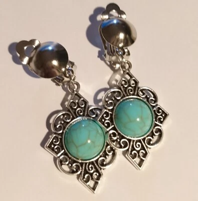 Gediegen elegant Ohrclips Clips Ohrringe silberf türkisf marmoriert Kunststein - Bild 1 von 4