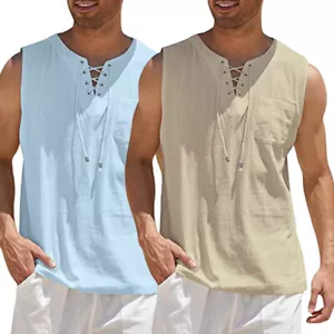 Herren Baumwolle Leinen Trägershirt Tank Tops Sommer Muskel Slim Fit Gym Uni T-Shirt Tee - Bild 1 von 16