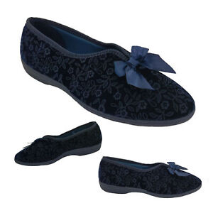 Ladies Slippers Grosby Valerie V-cut Patterned Velour Slipper Navy with Bow 
