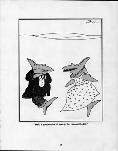 1980er Vintage Far Side COMIC STRIP Pin-Up WANDKUNST - DRESSED TO KILL SHARKS - Bild 1 von 4