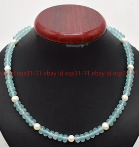 5x8mm Faceted Blue Aquamarine Rondelle Gems Beads 7-8mm White Pearl Necklace - Picture 1 of 12