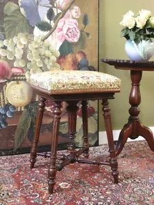 ANTIQUE FRENCH WALNUT + DAMASK REVOLVING PIANO STOOL ~ ADJUSTABLE HEIGHT c1900s - Picture 1 of 12