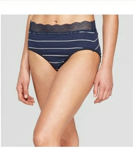 Women's Striped Cotton with Lace Briefs - Auden Navy XS - Image 1 of 1