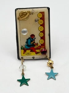 Vintage Eight of Pentacles tarot card crystal rhinestone brooch pin - Picture 1 of 4