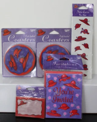 RED HAT SOCIETY PARTY SET 8 Invitations Coasters Stickers Name Tags NEW - Image 1 of 4