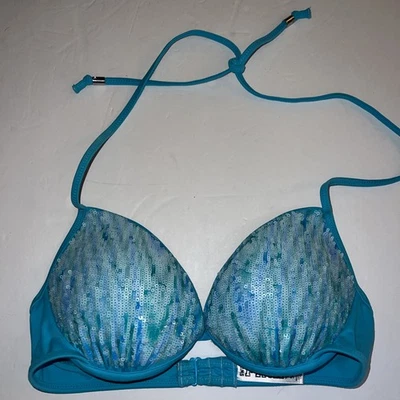 Victoria Secret Satin Sequin Super Push Up Bikini Swim Top Pink Aqua Blue Small - Image 1 of 4