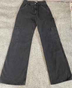 H&M High Waist Wide Leg Black Washed Cargo Denim Jeans Size 8 - Picture 1 of 16