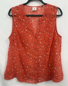 Cabi Floral Button Up Pintucked Sleeveless Top Women's L Sheer Coral Chiffon - Picture 1 of 9