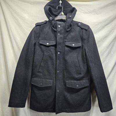 Guess Men's Size Small Black Wool Military Style Quilted Winter Hooded Jacket  - Image 1 of 4