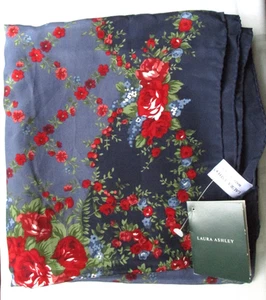 90's Laura Ashley Silk Square Scarf Red Roses on Blue NEW with Tag Made in Italy - Picture 1 of 10