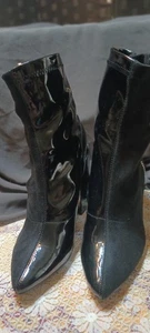 Women Faux Leather 1/2 Patented Leather,1/2Faux Suede Side Zip Chunk Heel Boot 8 - Picture 1 of 10