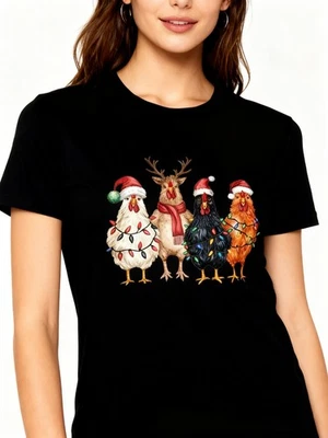 Divertida Camiseta Navidad Pollo Festivo Reno Pollo Gráfico Camiseta Mujeres Foto 1 de 4