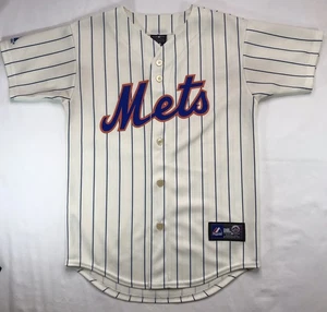 Vintage Majestic New York Mets gestreiftes cremefarbenes Baseball-Trikot unbedruckt hergestellt in den USA Jugend M - Bild 1 von 17