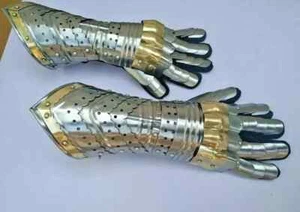 Medieval Knight Crusader Steel Gloves Armor Pair Brass Accents Gauntlet Gift - Picture 1 of 4