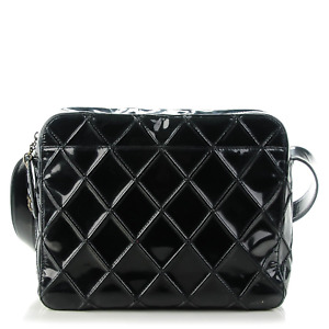 Vintage Chanel Patent Leather Stitched Pattern Black Shoulder Bag