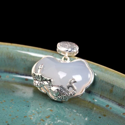 I03 Rimorchio Nuvola Di Calcedonio Pesce E Foglia Argento 925 - Immagine 1 di 4