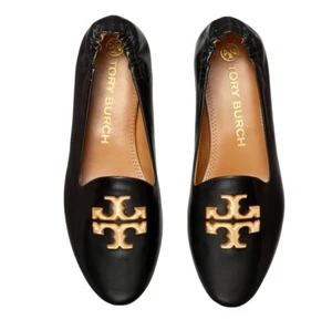 Tory Burch Eleanor Big Logo Gold Black Leather Flat Loafers Shoes Perfect US 7 - Picture 1 of 10