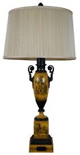 Vintage French Empire Neoclassical Tole Urn Lamp Yellow Toile Table Buffet Light
