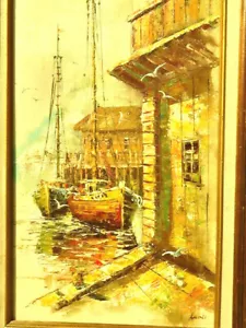 Vintage 50's-60's Ukranian JOHN LUINI Sea Port Oil on canvas 18" by 24" - Picture 1 of 12