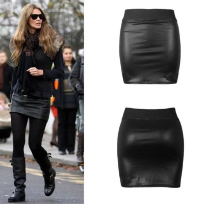 WOMEN'S LADIES BLACK PVC WET LOOK MINI PENCIL TUBE BODYCON SKIRT SIZES 6- 24 - Image 1 of 2