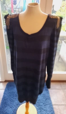 E-vie Blue and Black Striped Long Jumper with Beaded Shoulder Pads UK Size 16 - Image 1 of 4