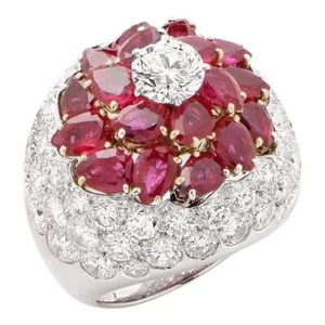Flower Puffed Dome Style 6.95CT Ruby & Lab-Created 5.65CT Sapphire Halo Ring - Picture 1 of 8