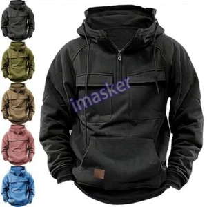 New Mens Cargo Hoodies Tops Casual Baggy Combat Outdoor Pocket Hooded Sweatshirt - Picture 1 of 29