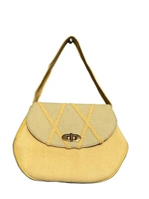 Vintage 1960s Yellow Suede & Fabric Handbag With Gold Clasp - Image 1 of 4