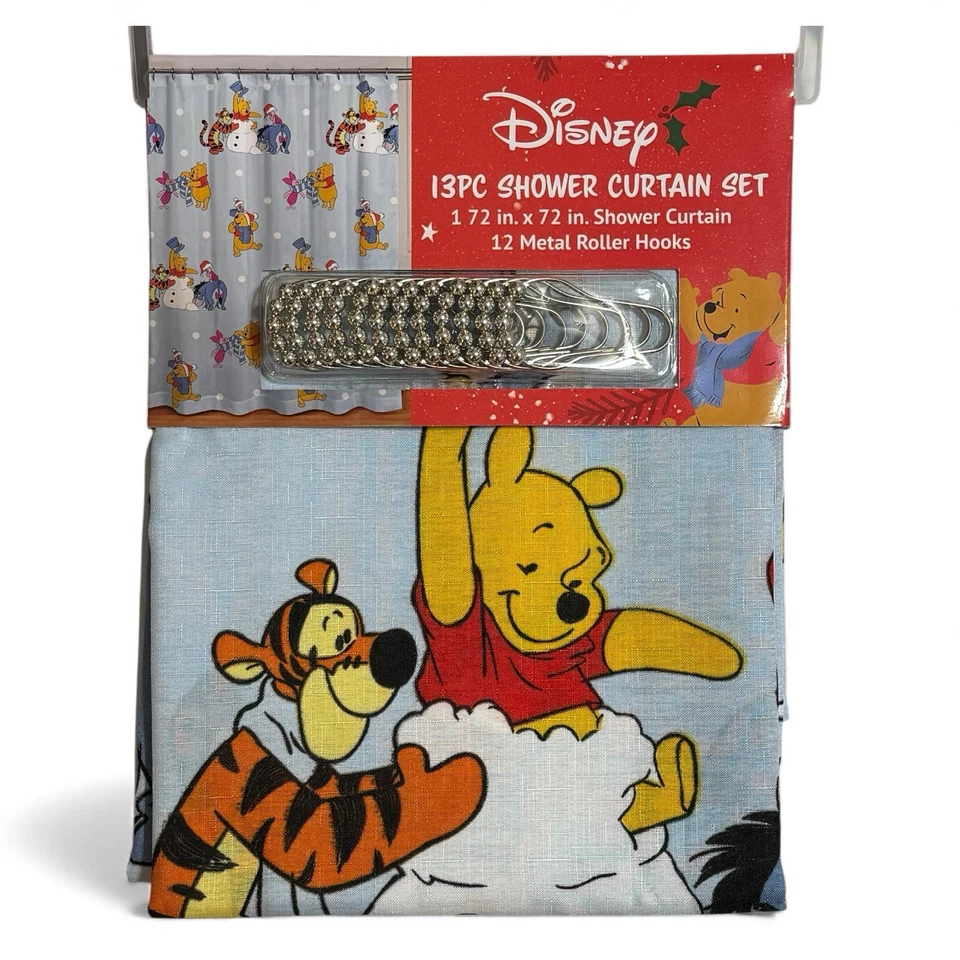 Conjunto de cortina de chuveiro Disney Winnie the Pooh 13 peças 72x72 Natal com ganchos de metal - Imagem 1 de 4