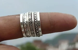 Sterling Silver Stacking Rings Set: Boho Dotted Pattern, Thin & Thickse All Size - Picture 1 of 12