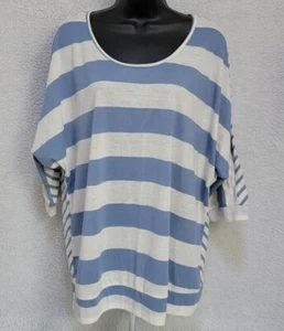 Faded Glory Womens Shirt Top Blouse Size 1X 16W Blue Beige Linen Striped - Picture 1 of 12