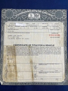 1973 Chevrolet 2 Türer HT Zertifikat Historisches Dokument Virginia - Bild 1 von 4