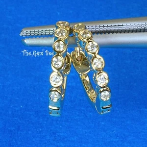 12mm 14k Solid Yellow Gold Bezel Set Diamond Rounded Hoop Earrings PAIR - Picture 1 of 5