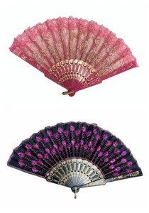 2 Pcs. Ladies Pink & Hot-pink Peacock Pattern Sequin Fabric Hand Fan 13044 - Picture 1 of 7
