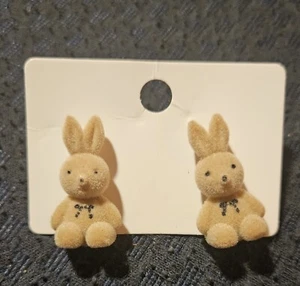 Adorable Beige Plush Rabbit Bunny Earrings Girl Party - Picture 1 of 3