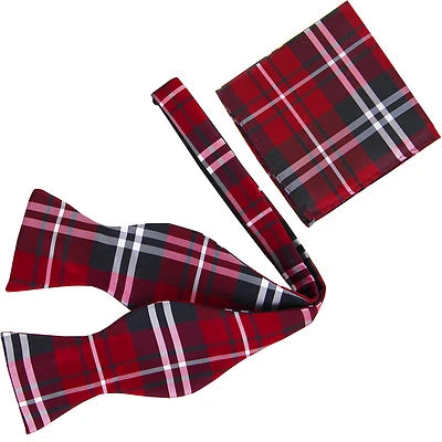 Nuevo conjunto de pajarita y pañuelo a cuadros de poliéster atado rojo formal para hombre Foto 1 de 3