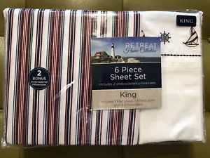 NEW BOAT NAUTICAL Deep Pocket KING SHEET SET 6 Pieces - Picture 1 of 4